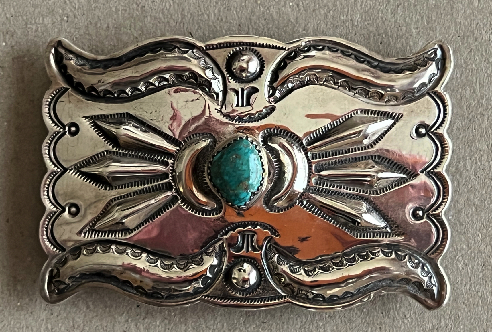 Jack Adakai Navajo Repoussed Rectangular Silver and Nevada Jack Adakai Navajo Repoussed Rectangular Silver and Nevada