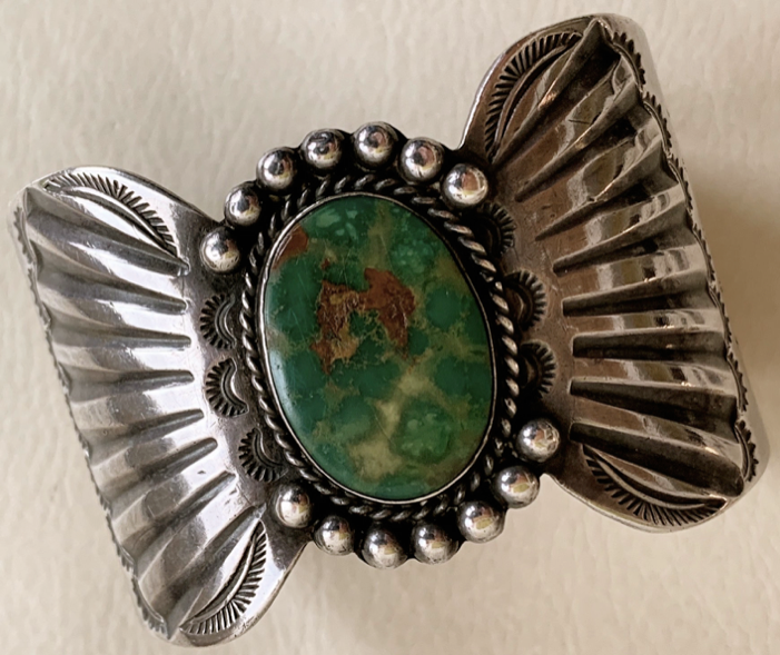 Navajo or Pueblo Indian Handmade Coin Silver and Turquoise Bracelet