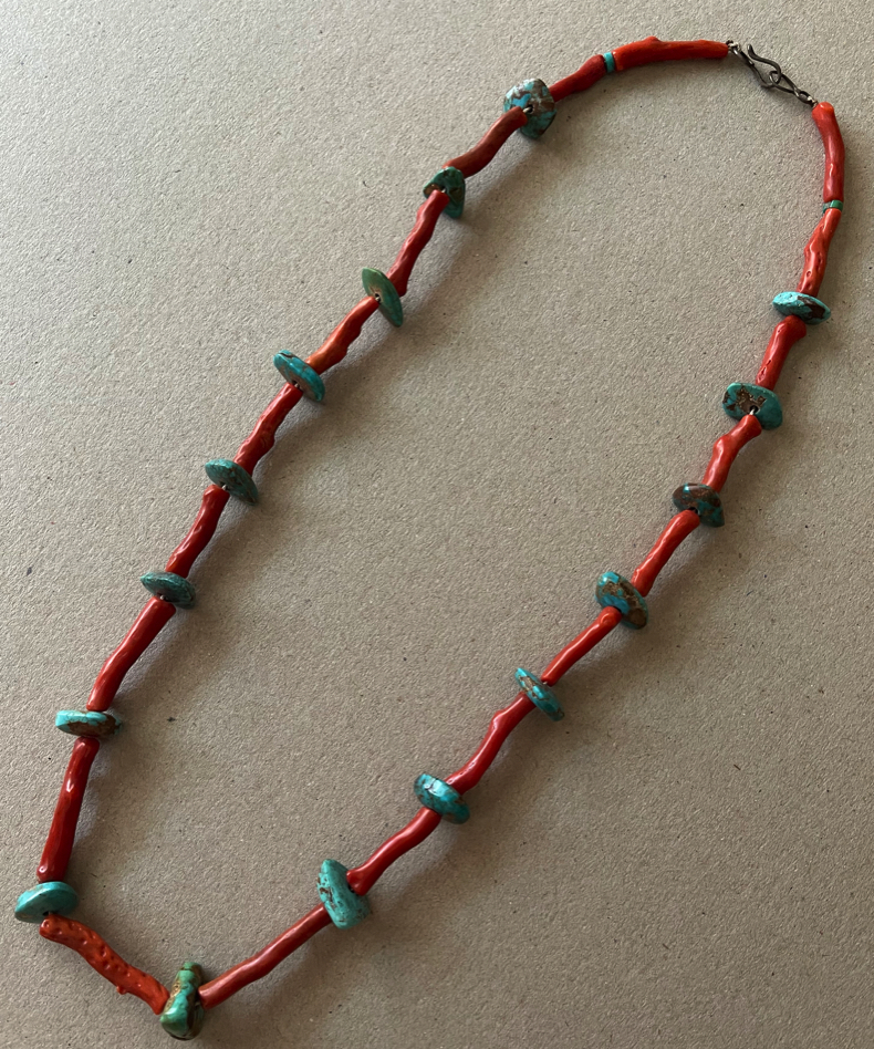 Navajo or Pueblo Red Branch Coral and Turquoise Tab Necklace