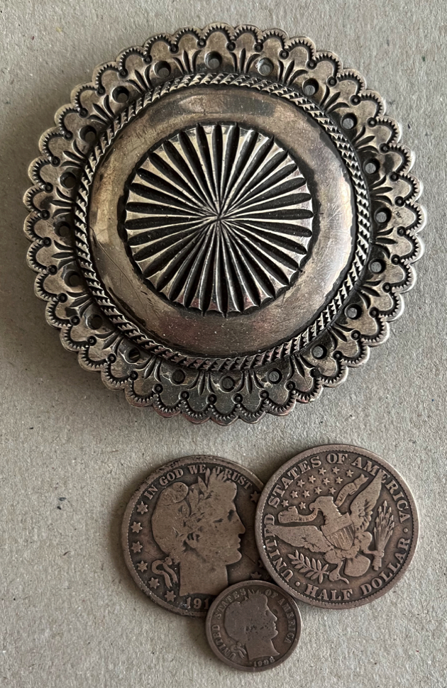 Perry Shorty Navajo Ingot Coin Silver Concho Style Belt Buckle Perry Shorty Navajo Ingot Coin Silver Concho Style Belt Buckle