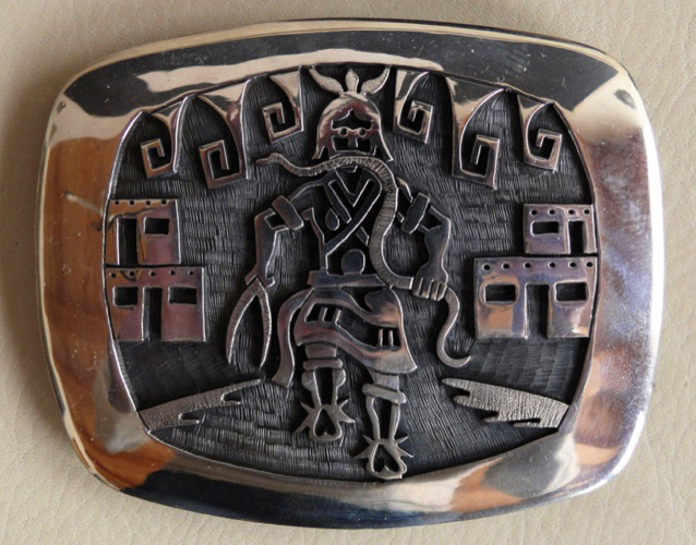Vernon Mansfield Sr Hopi Silver Overlay Pictorial Belt Buckle